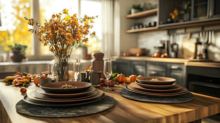 A cozy autumn kitchen featuring a beautifully set table with elegant dishes, a vibrant flower arrangement, and warm sunlight filtering through the windows. Perfect for seasonal gatherings and culinary inspiration.の素材