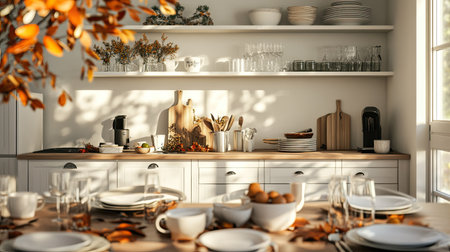 A cozy kitchen setting illuminated by warm sunlight, featuring a beautifully arranged dining table with autumn leaves and stylish dishes, perfect for inviting gatherings.の素材