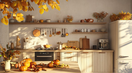 A cozy autumn kitchen scene featuring pumpkins and fall foliage. Sunlight filters through the leaves, creating a warm and inviting atmosphere perfect for seasonal gatherings.の素材