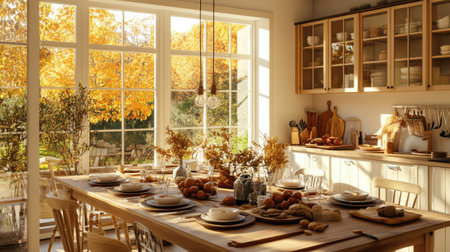 A cozy autumn kitchen bathed in warm sunlight, featuring a beautifully set dining table with seasonal decor and delicious food, ideal for gatherings.の素材