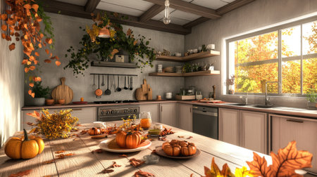 A warm and inviting autumn kitchen featuring seasonal decor, pumpkins, and colorful leaves. Perfect for capturing the essence of fall and cozy gatherings.の素材