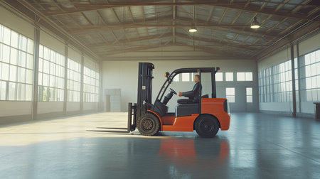 A skilled operator uses a forklift in a spacious warehouse, showcasing efficient handling and industrial operations in a modern setting.の素材