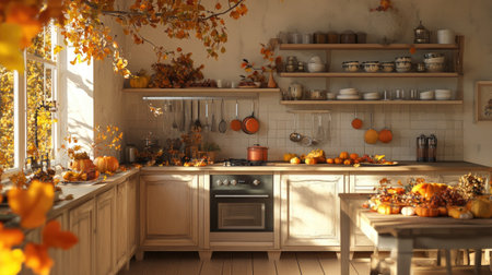 A warm and inviting kitchen adorned with autumn leaves and pumpkins. This cozy space features wooden accents, natural light, and seasonal decor, perfect for cooking and gatherings.の素材
