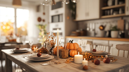 Enjoy a cozy autumn dining setup featuring pumpkins, candles, and warm decor, perfect for family gatherings and seasonal celebrations. Ideal for festive occasions.の素材