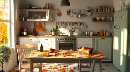 A cozy autumn kitchen scene featuring a wooden table scattered with colorful leaves and harvest decor, illuminated by warm sunlight.の素材