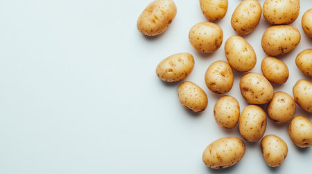 A cluster of fresh potatoes arranged on a light background, showcasing their earthy texture and natural appeal. Perfect for culinary use and healthy meals.の素材