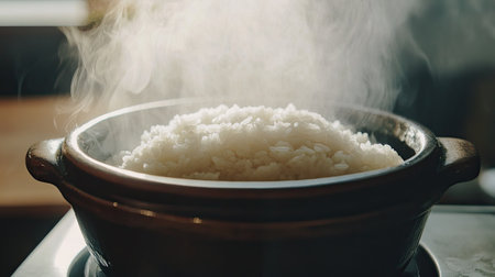 A close-up view of steaming rice in a ceramic pot, showcasing the cooking process. The warm steam rising adds a cozy atmosphere, perfect for culinary themes.の素材