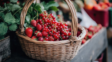 A woven basket filled with fresh red berries, perfect for a summer market setting. Vibrant and healthy, this arrangement captures the essence of abundance.の素材