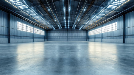 A vast empty industrial warehouse featuring a glossy floor and bright, modern lighting. This spacious area offers great potential for various uses.の素材