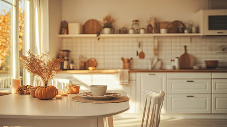 A warm and inviting autumn kitchen scene featuring cozy decor, a rustic table setting, and beautiful natural elements that create a tranquil atmosphere.の素材