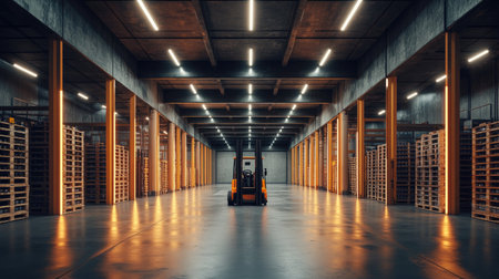 A spacious, empty warehouse featuring a forklift surrounded by pallet racks. The modern interior is illuminated with bright lights, showcasing a clear and organized space ideal for operations.の素材