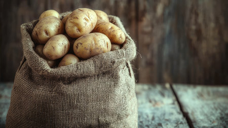A burlap sack filled with fresh, organic potatoes sits on a rustic wooden table. Perfect for highlighting farm-to-table freshness and healthy cooking.の素材