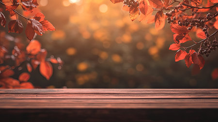 A serene autumn scene featuring vibrant leaves and a rustic wooden table bathed in soft light. Ideal for designs celebrating nature and tranquility.の素材