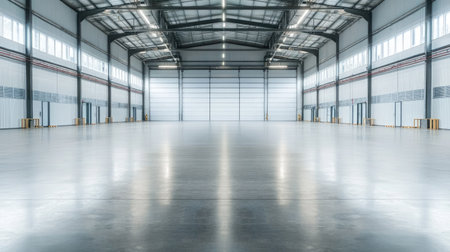 Bright and spacious industrial warehouse interior featuring clean concrete floors and high ceilings. Ideal for logistics, storage, and industrial projects.の素材