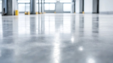 A close-up view of a polished concrete floor in an empty industrial space, showcasing a smooth surface and soft reflections that emphasize a modern design aesthetic.の素材