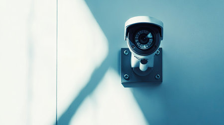 A modern surveillance camera mounted on a wall, emphasizing security and technology in a sleek indoor environment. Ideal for themes of privacy and vigilance.の素材
