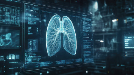This image showcases a futuristic digital display of human lungs, integrating technology and medical analysis for healthcare advancements and educational purposes.の素材