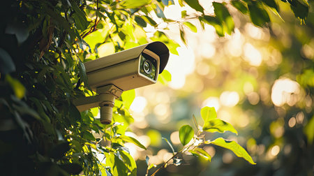 A security camera positioned amid vibrant greenery, capturing the blend of technology and nature. This image symbolizes protection and surveillance in outdoor environments.の素材
