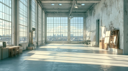 Spacious industrial area featuring large windows with a stunning city view. The bright natural light creates a serene and inviting atmosphere for creativity.の素材