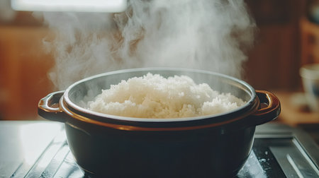 A steaming pot of freshly cooked white rice, a staple food rich in nutrients. Perfect for meals, this image captures warmth and comfort in the kitchen.の素材