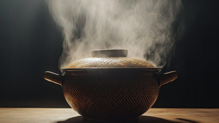 A beautifully crafted cooking pot emits steam, creating an inviting atmosphere. The scene captures the essence of traditional cooking and warmth in the kitchen.の素材