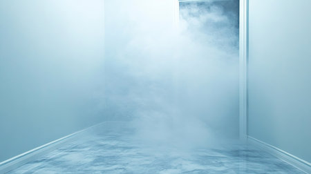 A serene image of mist filling an empty room, evoking a tranquil atmosphere. This minimalist scene features a soft haze that enhances interior design and creates a sense of mystery and calm.の素材