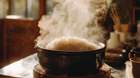 A steaming bowl of freshly cooked rice shows warmth and comfort. The gentle steam rises, creating an inviting atmosphere in a rustic kitchen setting.の素材