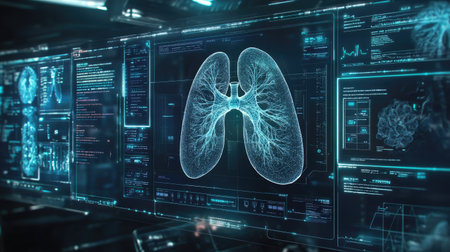 A futuristic digital representation of the human lungs, showcasing an intricate network of airways and blood vessels, ideal for medical and educational uses.の素材