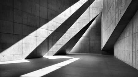 A striking geometric concrete interior featuring strong angles and dramatic light shadows. The minimalist space offers a modern aesthetic perfect for architectural projects.の素材