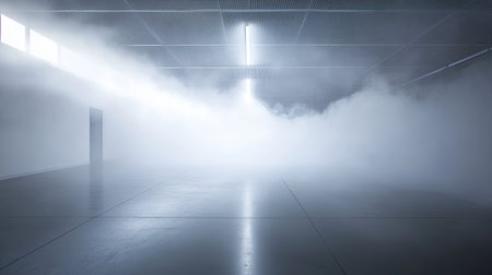 A tranquil interior featuring mist and ambient light, creating an ethereal atmosphere. The empty space invites exploration and reflection, promoting serenity.の素材