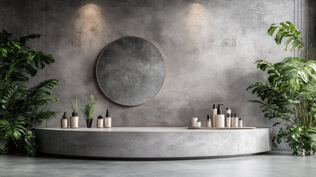 A serene and modern spa interior featuring a minimalist design, complemented by lush greenery, natural textures, and elegant decor for relaxation.の素材