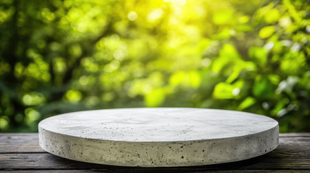 A round concrete surface placed on a wooden table, surrounded by lush green foliage. Ideal for minimalist designs, product displays, or serene backgrounds.の素材