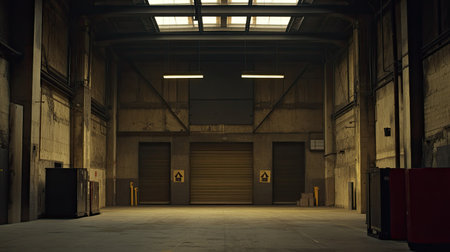 A spacious empty industrial warehouse interior featuring concrete flooring and soft natural light from the roof. Ideal for logistics or storage concepts.の素材