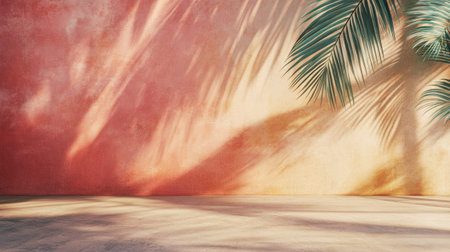 Serene tropical scene featuring palm shadows on a colorful wall, creating a calming and exotic atmosphere perfect for design or decoration projects.の素材
