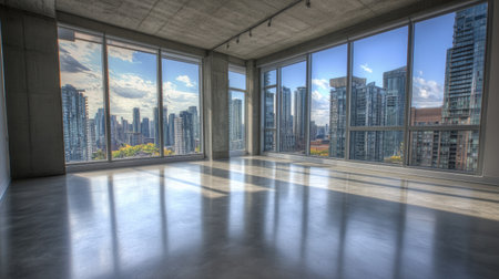 Spacious urban apartment featuring large windows that offer stunning views of the city skyline. Bright interior with modern design elements highlights urban living.の素材