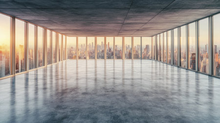 A modern empty loft with expansive windows showcasing a stunning city skyline at sunrise, reflecting a serene and open atmosphere. Perfect for design concepts.の素材
