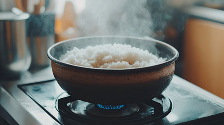 A steaming bowl of rice on a stovetop in a cozy kitchen setting. The aroma fills the air, inviting a sense of warmth and comfort. Perfect for food preparation.の素材