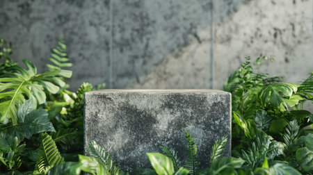 A minimalistic concrete block rests among lush green foliage, creating a serene and tranquil indoor setting. Ideal for modern design projects.の素材