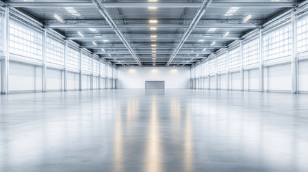 A bright and spacious modern industrial interior featuring a clean floor and large windows that create an inviting atmosphere for various uses.の素材