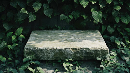 A serene stone bench surrounded by lush greenery creates a tranquil outdoor setting. This peaceful composition invites relaxation in nature's embrace.の素材