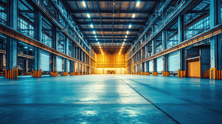 An expansive empty warehouse showcasing a modern industrial space with dramatic lighting. The clean floors and high ceilings create an open environment ideal for various business needs.の素材