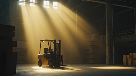 A solitary forklift illuminated by warm rays of light in an expansive warehouse, creating an atmosphere of industry and productivity.の素材