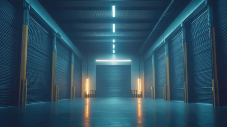 An empty industrial warehouse featuring vibrant blue lighting and metallic shutters. Ideal for showcasing storage solutions, minimalist design, and modern architecture.の素材
