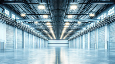 A bright and spacious industrial warehouse interior featuring sleek, modern design with ample lighting and a clean floor, ideal for storage and logistics.の素材
