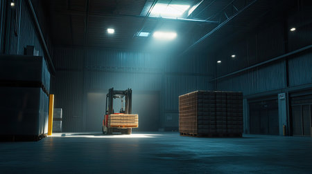 This image captures an industrial warehouse interior with a forklift maneuvering near a stack of pallets. It highlights equipment and the logistics environment.の素材