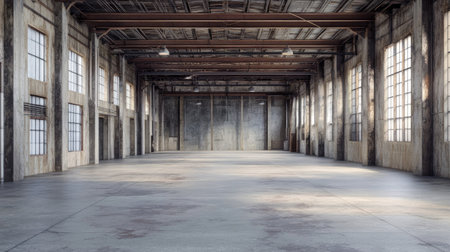 A spacious and empty industrial warehouse showcasing high ceilings and large windows, perfect for creative projects or event spaces. The raw concrete flooring adds character to this minimalistic setup.の素材