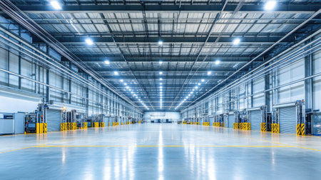Spacious industrial warehouse interior featuring high ceilings and efficient lighting. Ideal for logistics, storage, and manufacturing operations.の素材