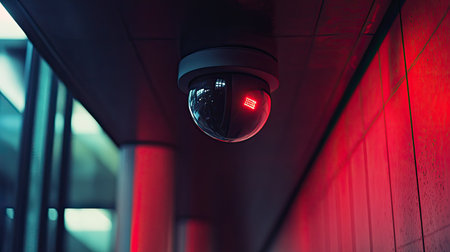A sleek surveillance camera captures the essence of modern security in an urban setting, illuminating the space with a red light while blending into contemporary architecture.の素材