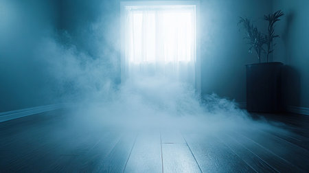A serene room filled with ethereal mist and soft sunlight. The combination of light and fog creates a tranquil and mysterious atmosphere, perfect for evoking calmness.の素材