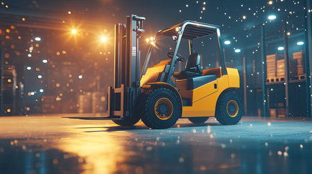 A vibrant forklift stands in a warehouse, illuminated by dramatic lighting effects. Perfect for showcasing industrial and logistics themes.の素材